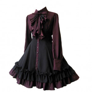 #SWB Women Girls Black Gothic Dress Long Sleeves Polyester Ruffle Dres..